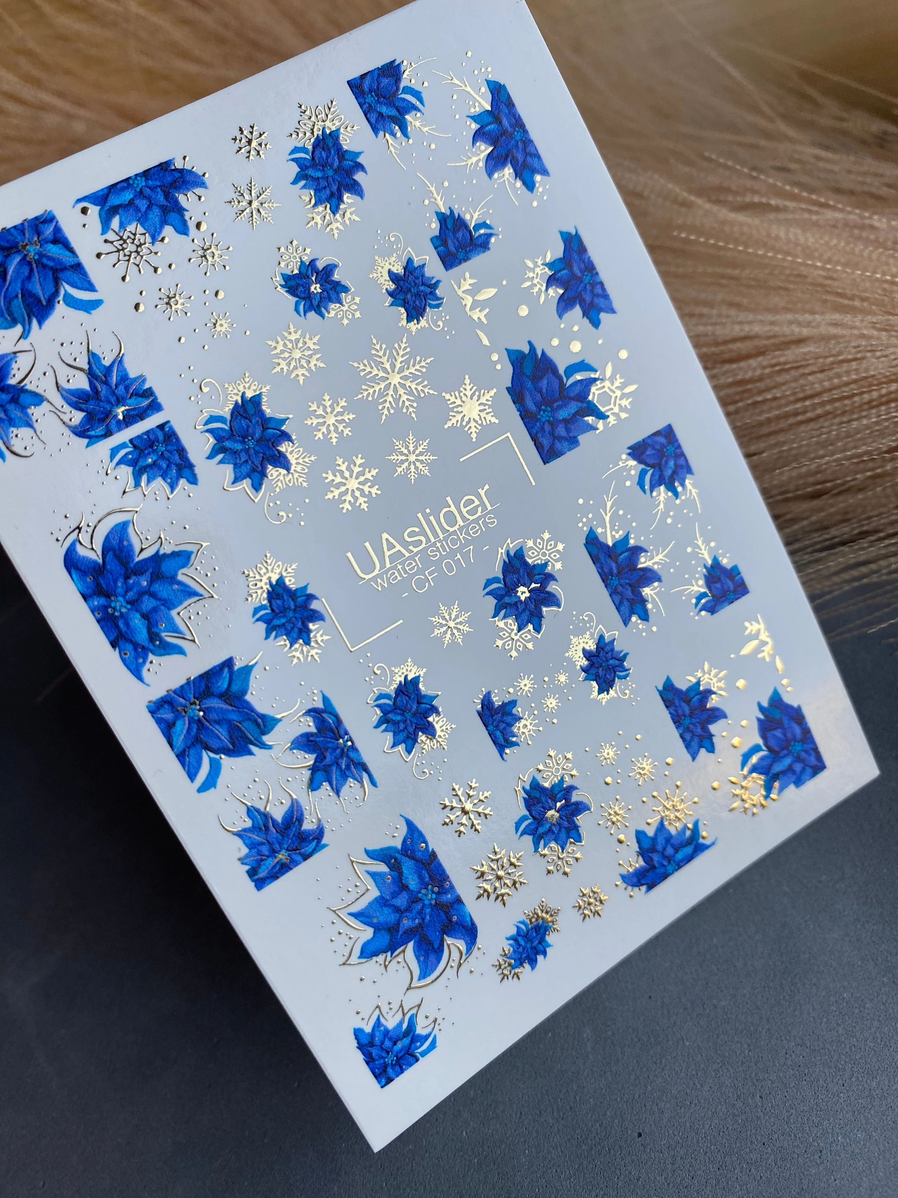 CF-017 Water Slide Nail Decals Blue Poinsettia and Gold Snowflakes - Image 2