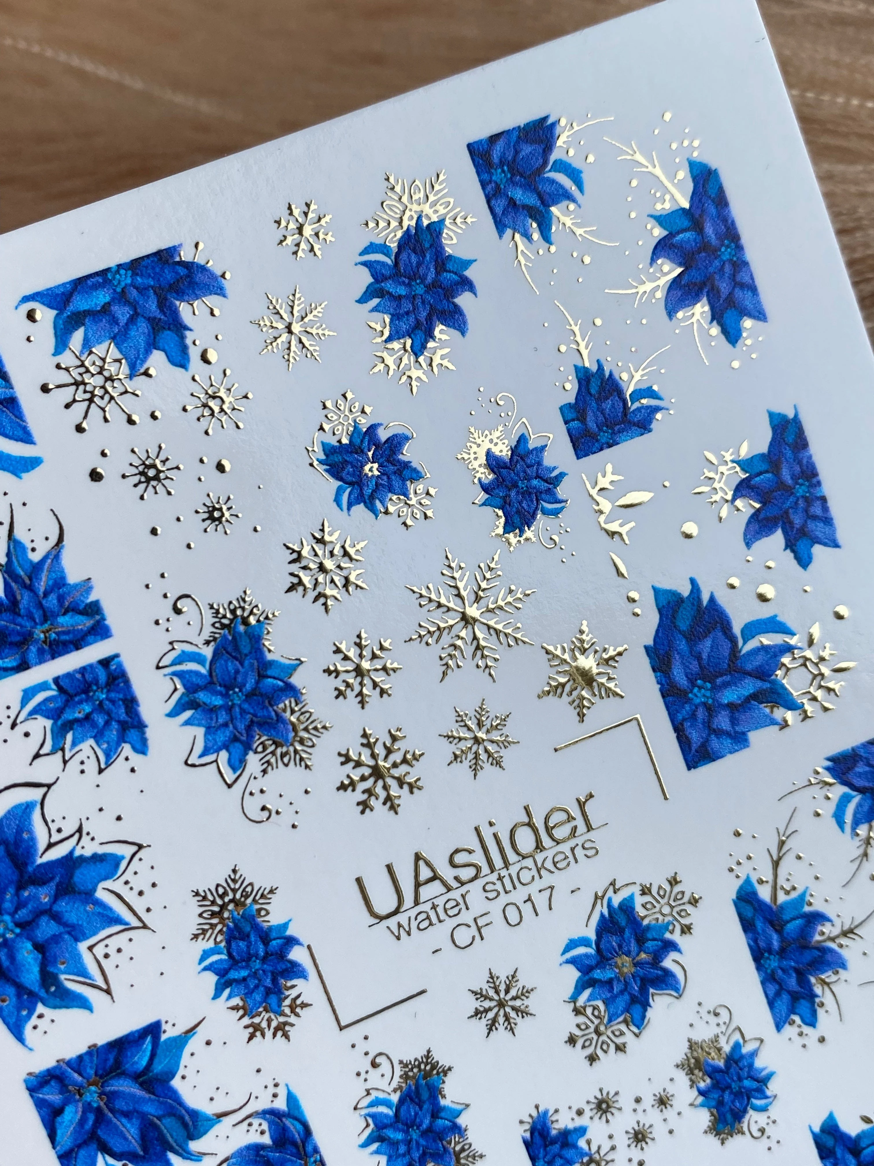 CF-017 Water Slide Nail Decals Blue Poinsettia and Gold Snowflakes - Image 3
