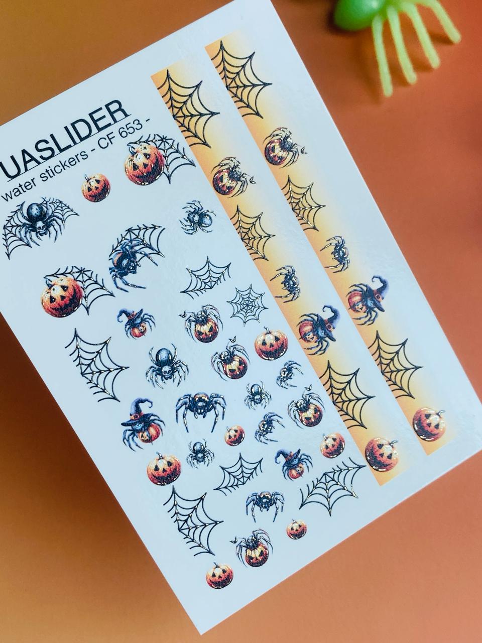 CF-653 Halloween Spiders and Pumpkin Nail Water Decals, Cute Spider Web Nail Art French Nails - Image 2