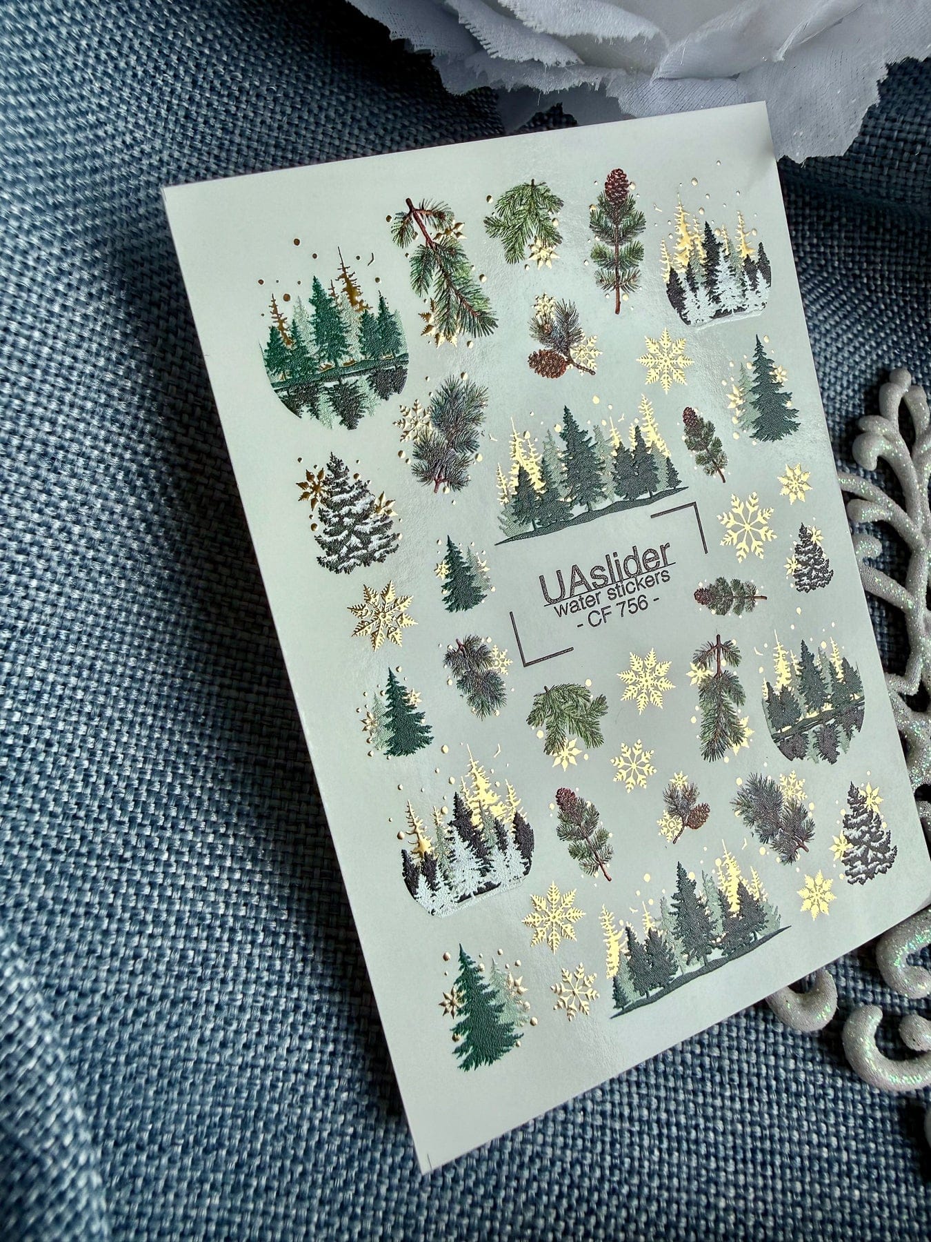 CF-756 Winter Pine Trees & Gold Snowflake Nail Decals - Image 3