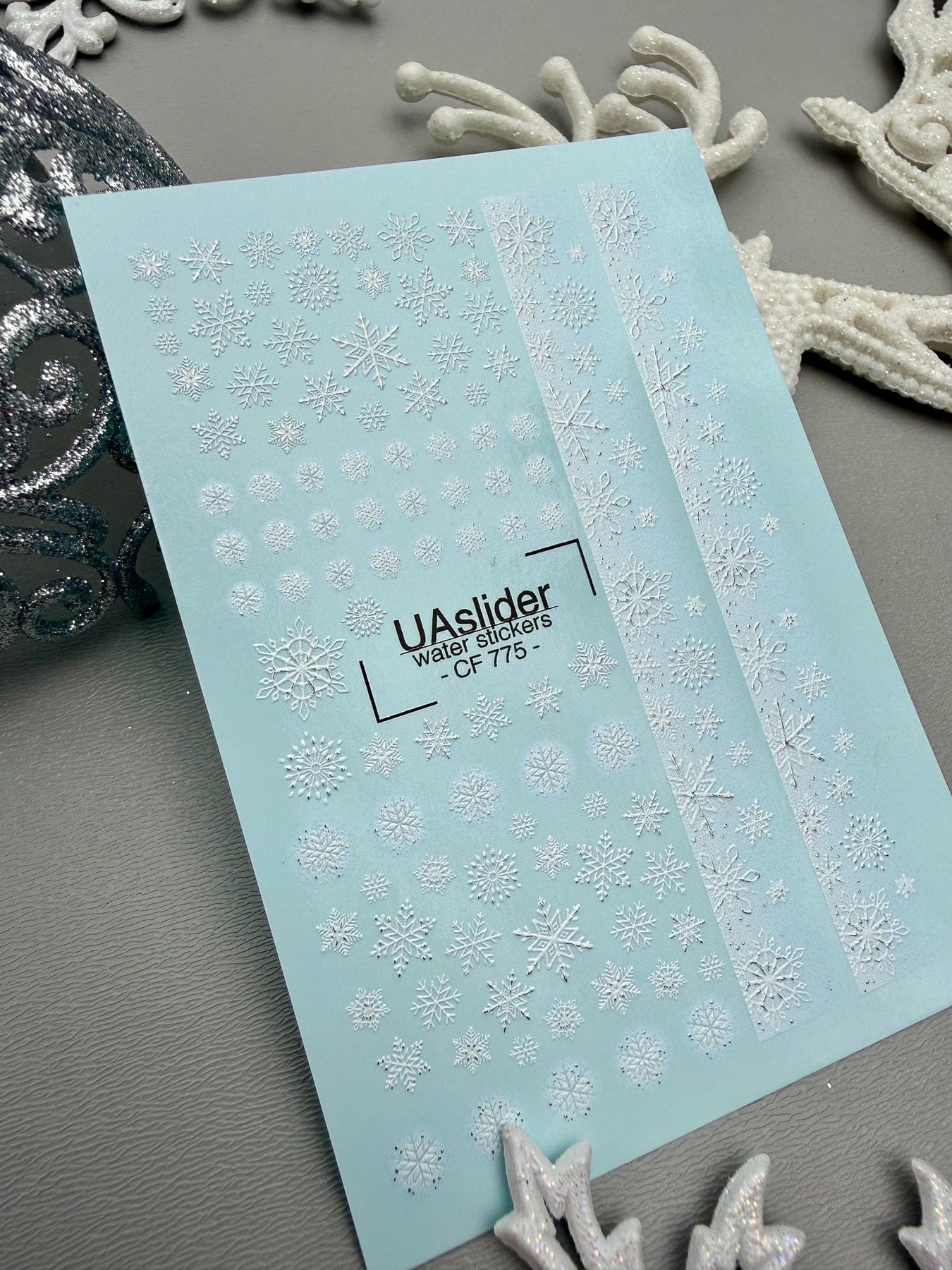 CF-775 Snowflakes & Silver Foil French Stripe Nail Decals - Image 2