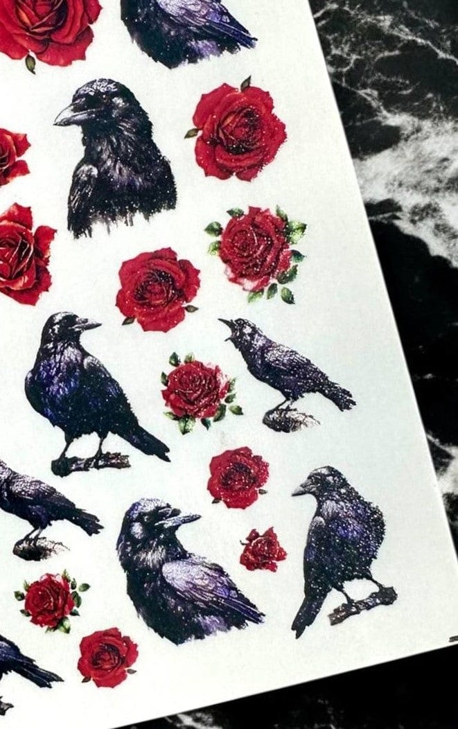 CL-117 Nail Decal 2D/ Crow/ Red Rose / Gothic Dark Romance/ Crow Nail Decals/ Ravens/ Romantic Nail Designs - Image 2