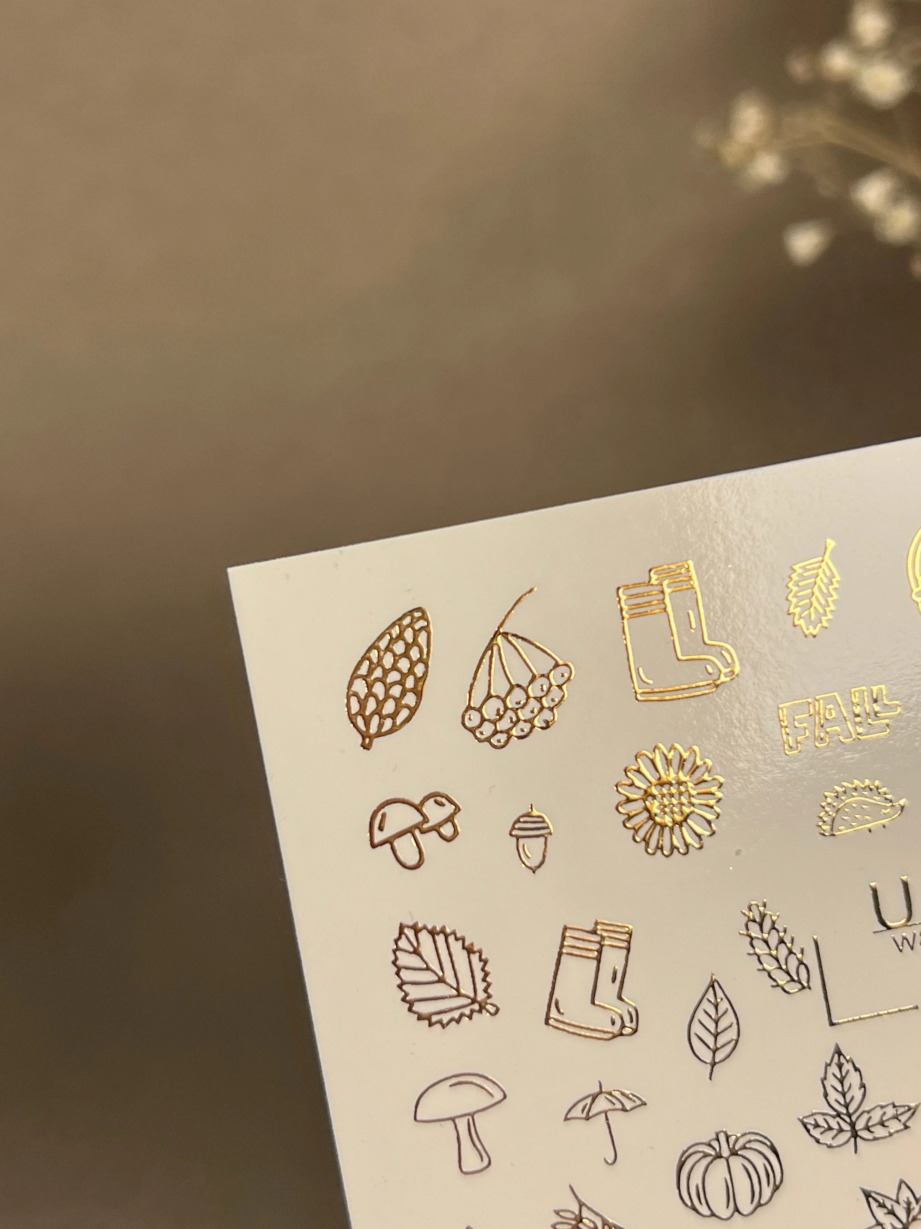 FG-169 Gold Foil Nail Water Decal /Autumn Vibes / Fall Icons/ Pinecones/ Leaves/ Acorns/ Mushrooms - Image 2