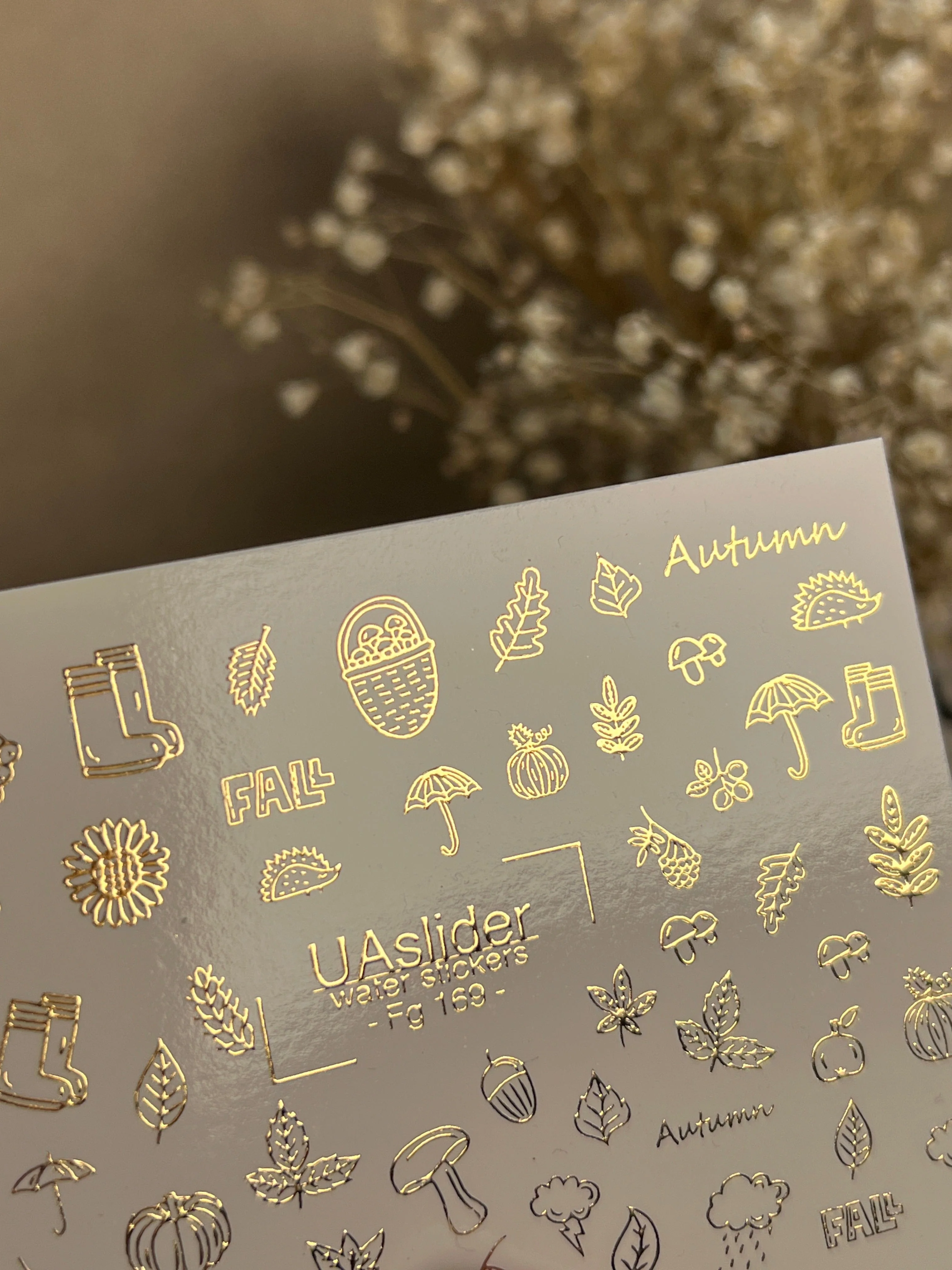 FG-169 Gold Foil Nail Water Decal /Autumn Vibes / Fall Icons/ Pinecones/ Leaves/ Acorns/ Mushrooms - Image 3