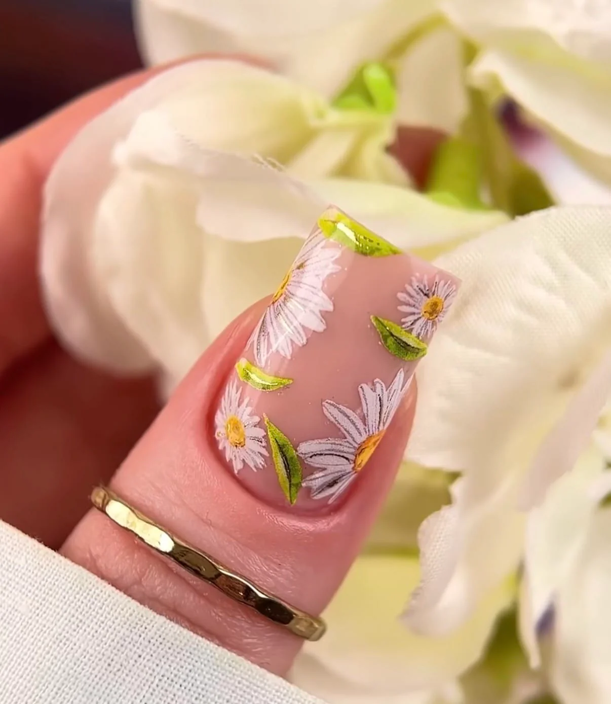 NCg-113 White Daisy Gold Foil Nail Water Decals - No Cut Botanical Floral Nail Art - Image 2